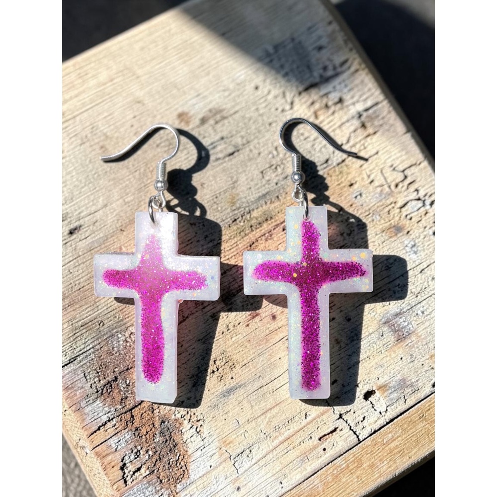 Handmade Pink Ombre Cross Earrings - Picture 7 of 9